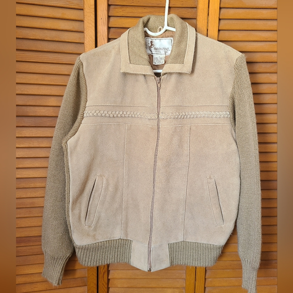 BRONZINI Men's Beige Leather/Sweater Jacket Size M... VINTAGE